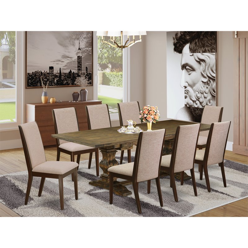 East West Furniture Lassale 9-piece Wood Dining Set in Jacobean Brown/Light Tan