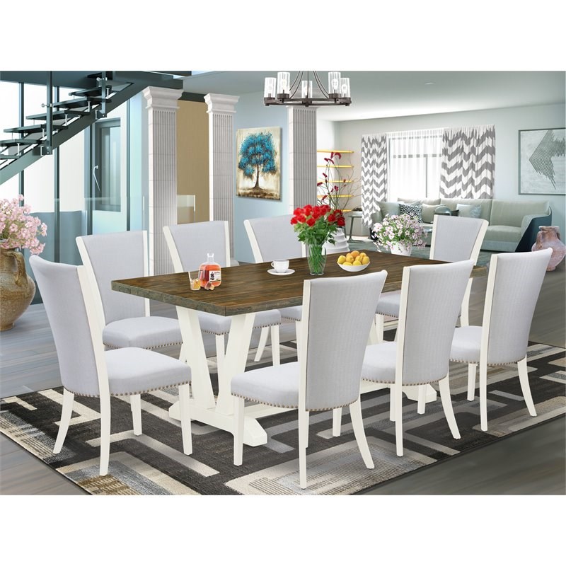 East West Furniture V-Style 9-piece Wood Dining Set in Linen White/Gray