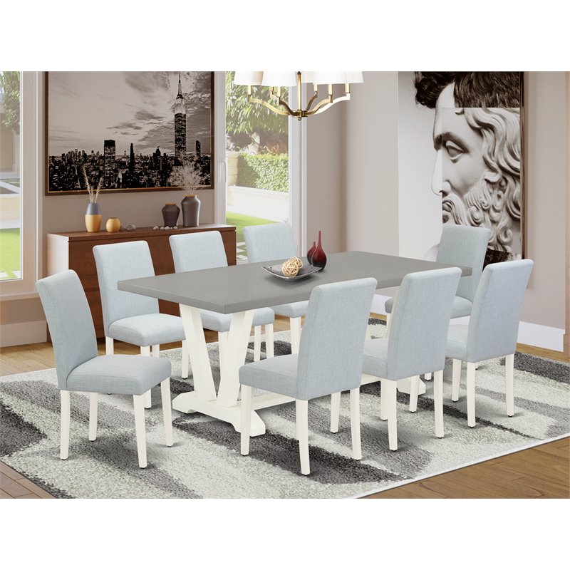 East West Furniture V-Style 9-piece Wood Dining Set in Linen White/Cement