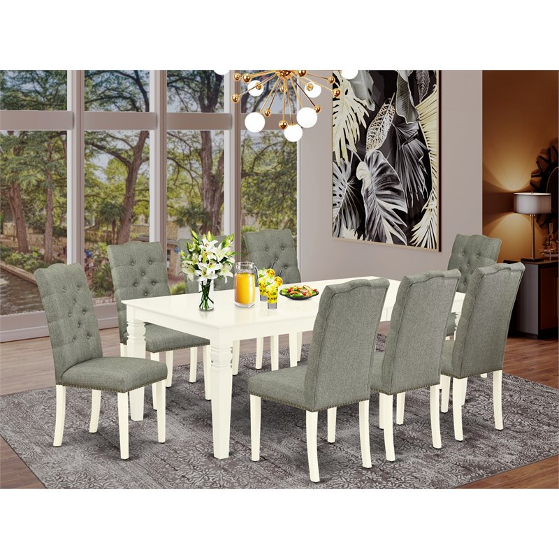 East West Furniture Logan 9-piece Wood Dining Table Set in Linen White