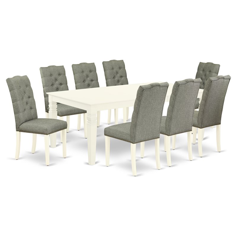 East West Furniture Logan 9-piece Wood Dining Table Set in Linen White