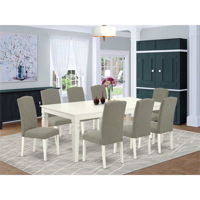 East West Furniture Logan 9-piece Wood Dining Set in Linen White/Dark Shitake