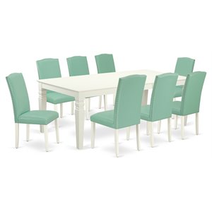 East West Furniture Logan 9-piece Wood Dining Set in Linen White/Pond