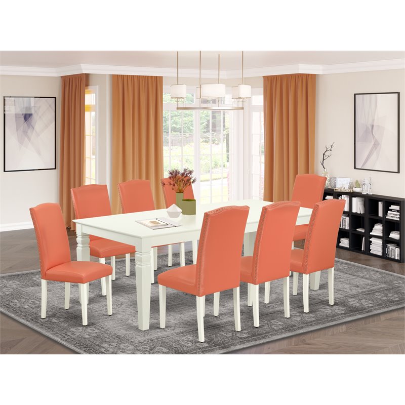 East West Furniture Logan 9-piece Wood Dining Set in Linen White/Pink Flamingo