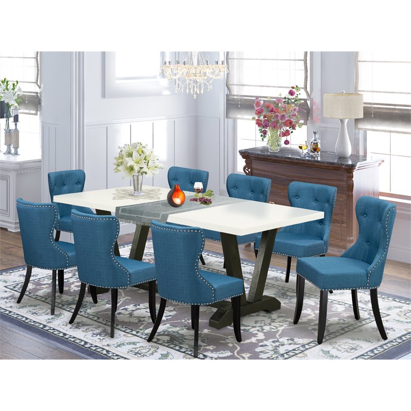 East West Furniture V-Style 9Pcs Wood Dining Set in Black/White/Blue