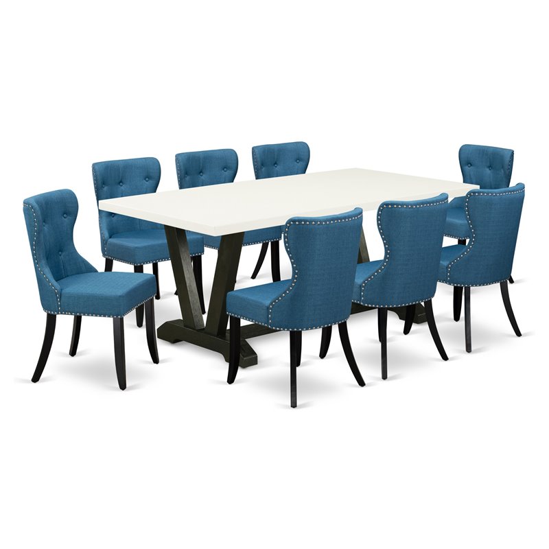 East West Furniture V-Style 9Pcs Wood Dining Set in Black/White/Blue