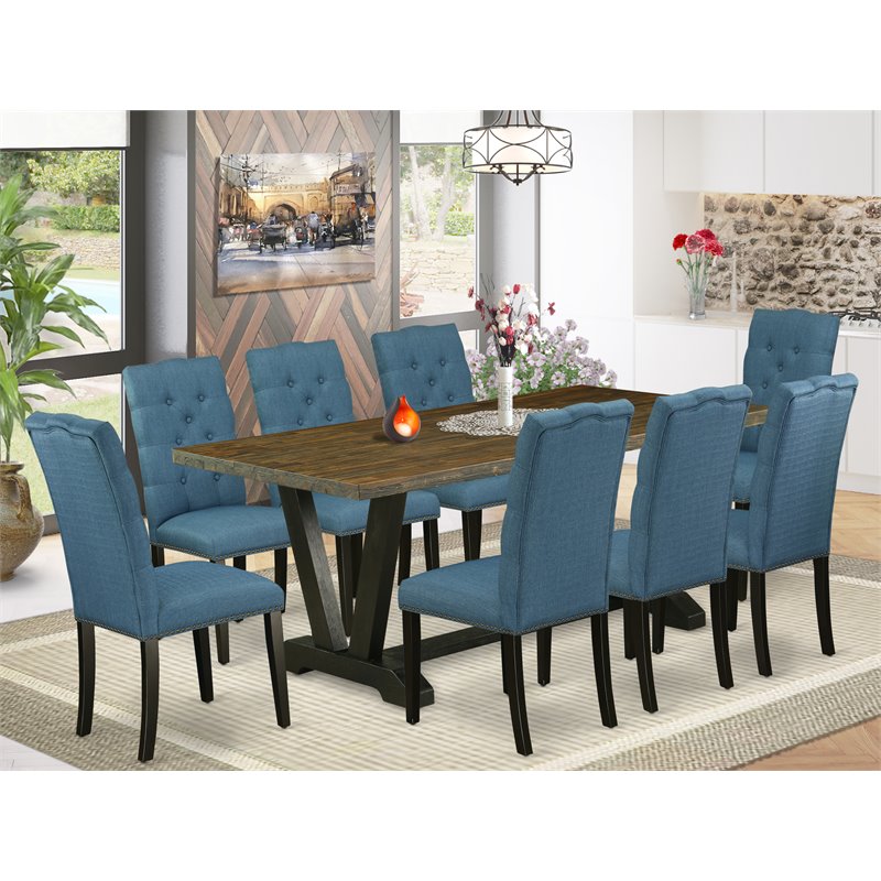 East West Furniture V-Style 9-piece Wood Dining Table Set in Black