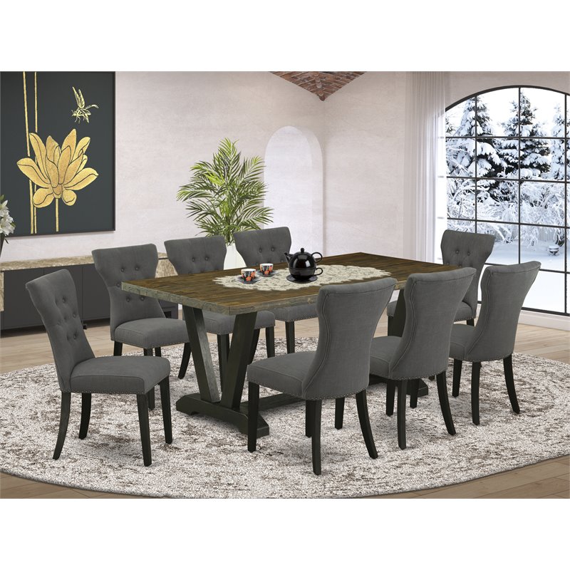 East West Furniture V-Style 9-piece Wood Dining Set in Dark Gotham Gray Finish