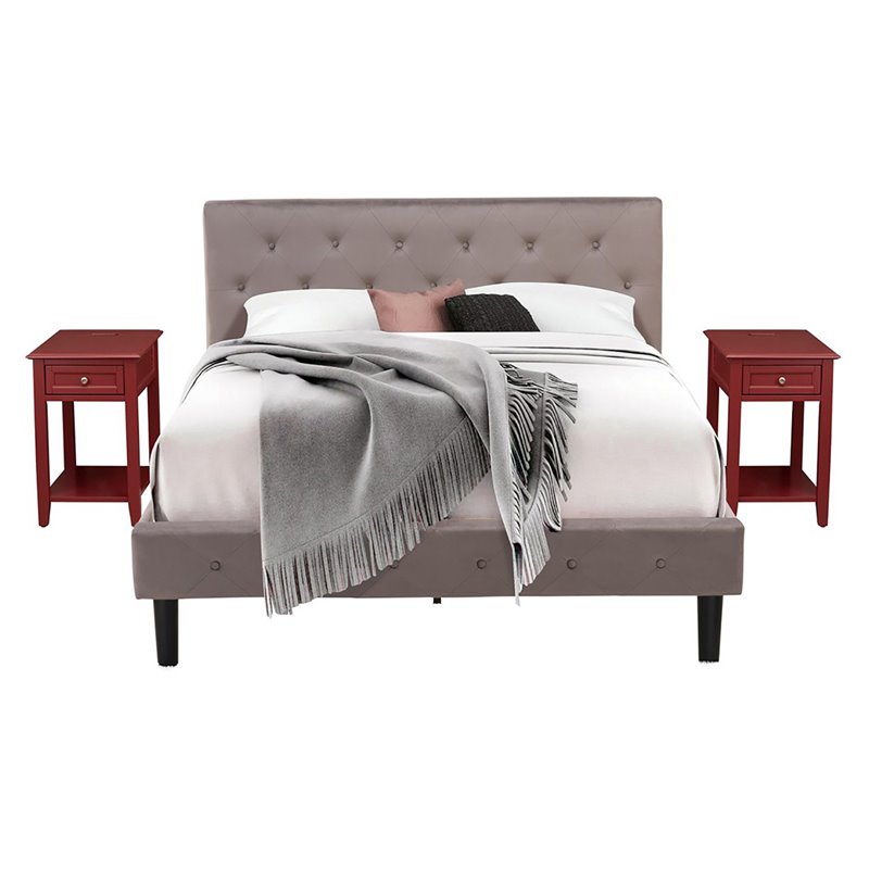 East West Furniture Nolan 3 Pieces Wood Queen Bedroom Set in Brown/Burgundy