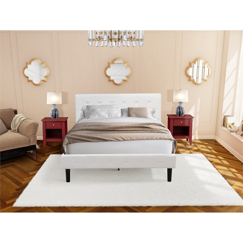 East West Furniture Nolan 3-Piece Wood Queen Bedroom Set in White and Burgundy