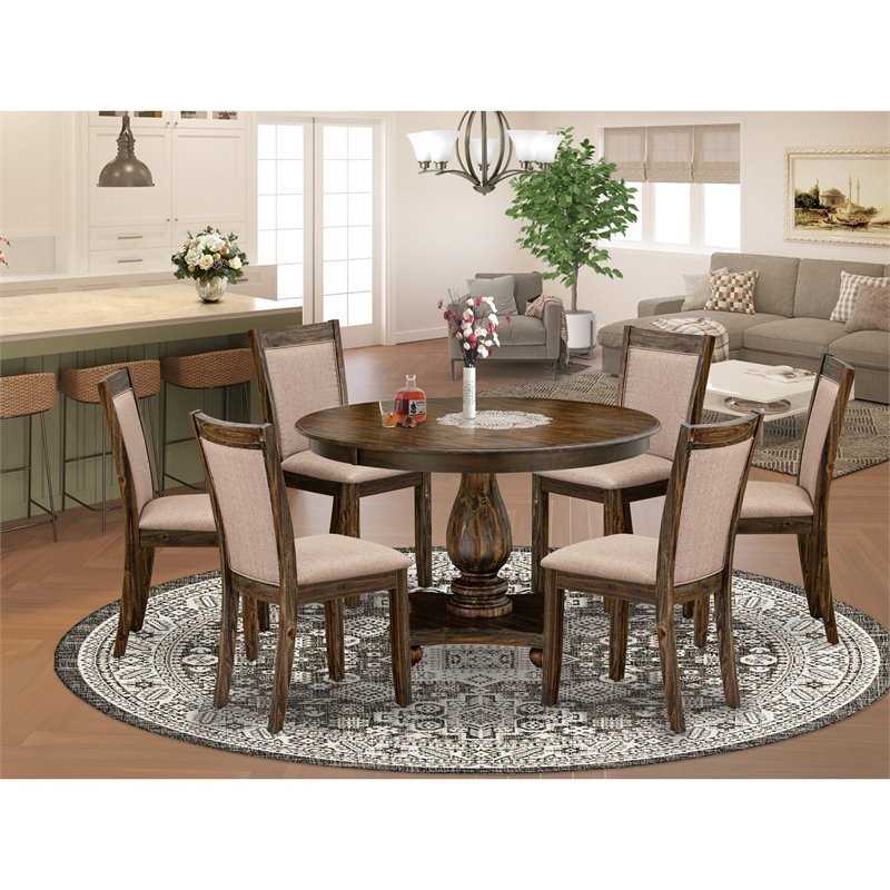 East West Furniture Ferris 7-Piece Wooden Dining Set in Jacobean/Dark Khaki Gray