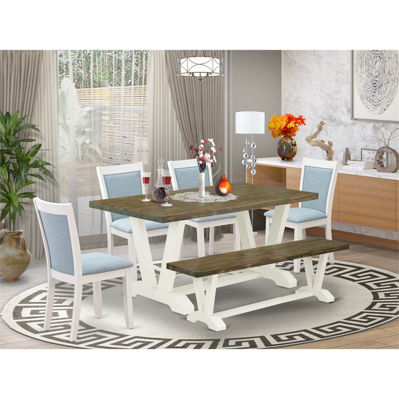 East West Furniture V-Style 6-Piece Wood Dining Set in Jacobean/White/Blue