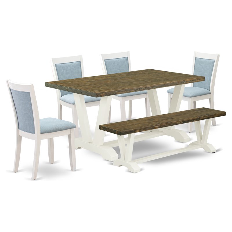 East West Furniture V-Style 6-Piece Wood Dining Set in Jacobean/White/Blue