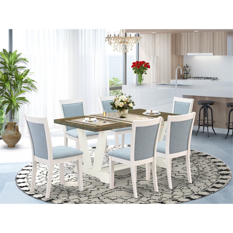 East West Furniture V-Style 7-Piece Wood Dining Set in Jacobean/White/Blue