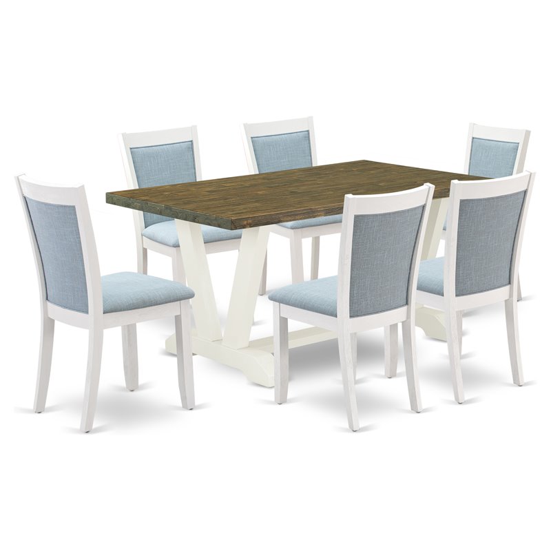 East West Furniture V-Style 7-Piece Wood Dining Set in Jacobean/White/Blue