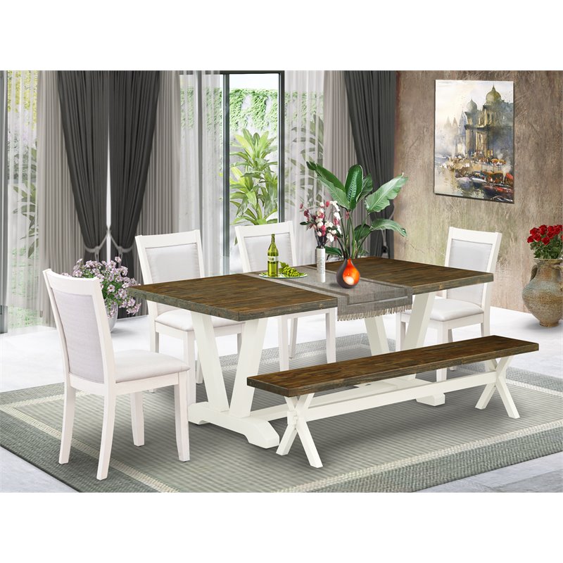 East West Furniture V-Style 6-Piece Wood Dining Set in Jacobean/Cream/White
