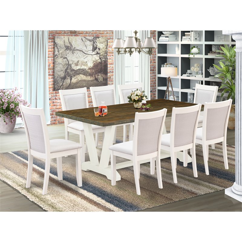 East West Furniture V-Style 9-Piece Wood Dining Set in Jacobean/Cream/White