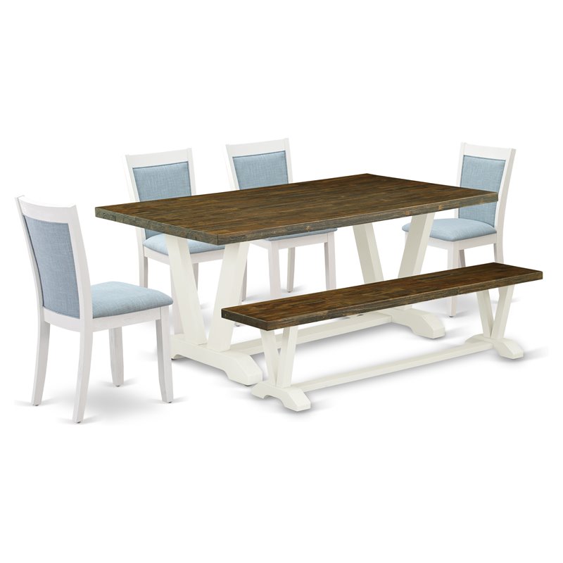 East West Furniture V-Style 6-Piece Wood Dining Set in Jacobean/Blue/White
