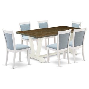 East West Furniture V-Style 7-Piece Wood Dining Set in Jacobean/Blue/White
