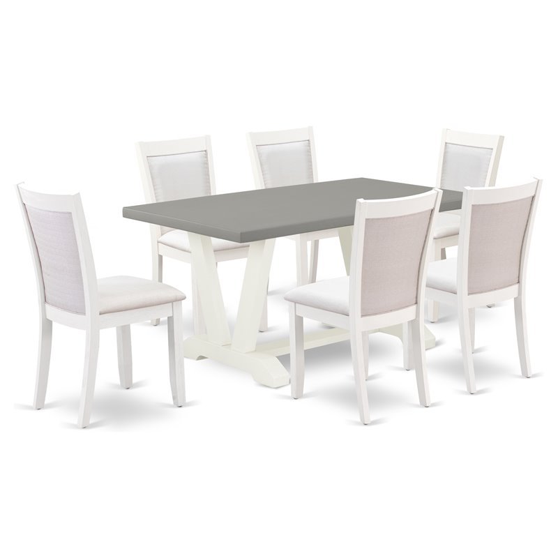 East West Furniture V-Style 7-Piece Wood Dining Set in Cement/Cream/White