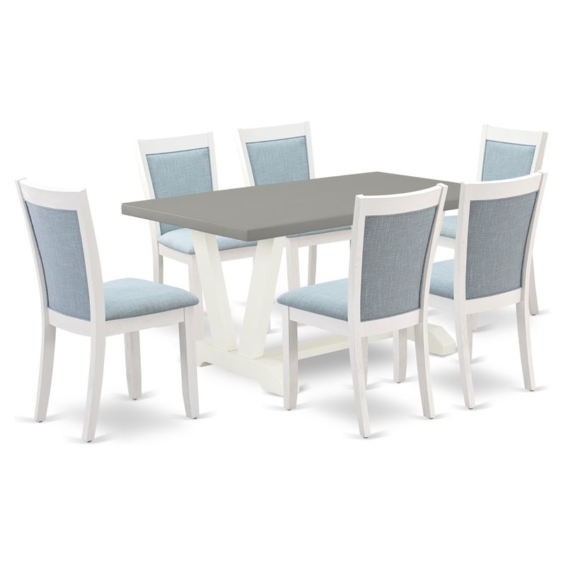East West Furniture V-Style 7-Piece Wood Dining Set in Cement/Blue/White