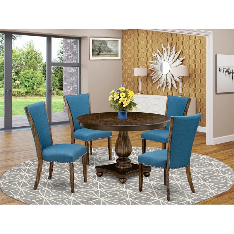 East West Furniture Ferris 5-Piece Wood Dining Set in Distressed Jacobean/Blue