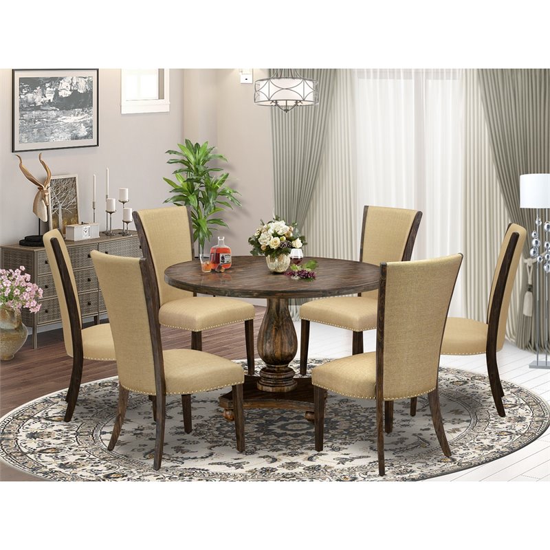East West Furniture Irving 7-Piece Wood Dining Set in Distressed Jacobean/Brown