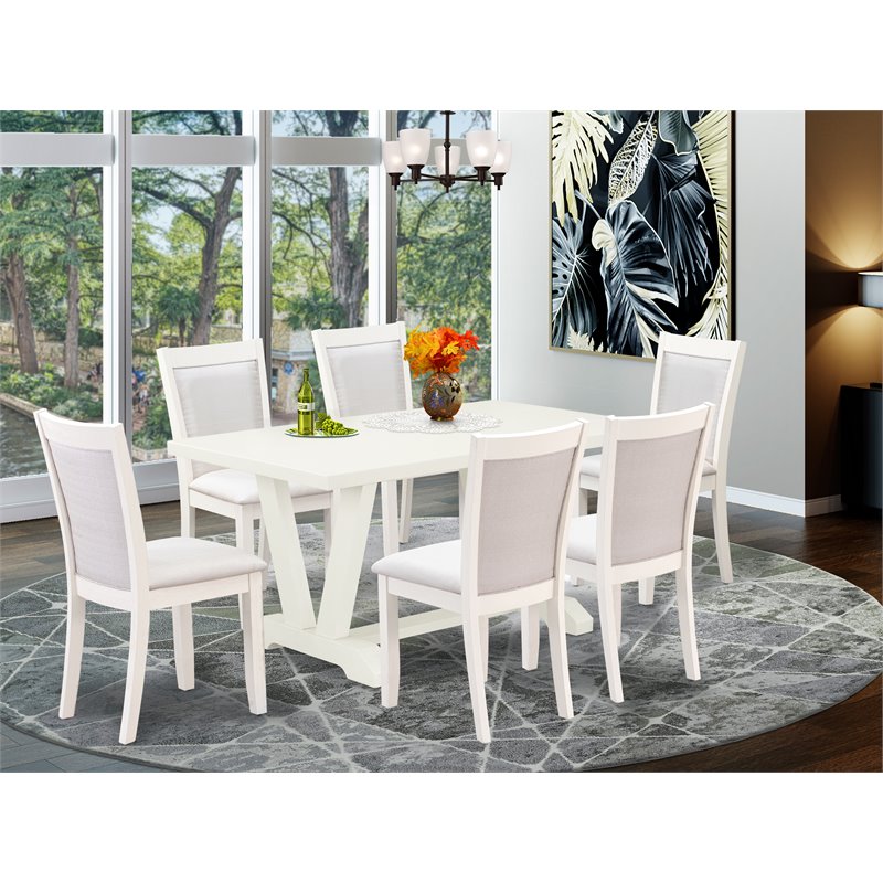 East West Furniture V-Style 7-Piece Asian Wood Dining Set in White/Cream