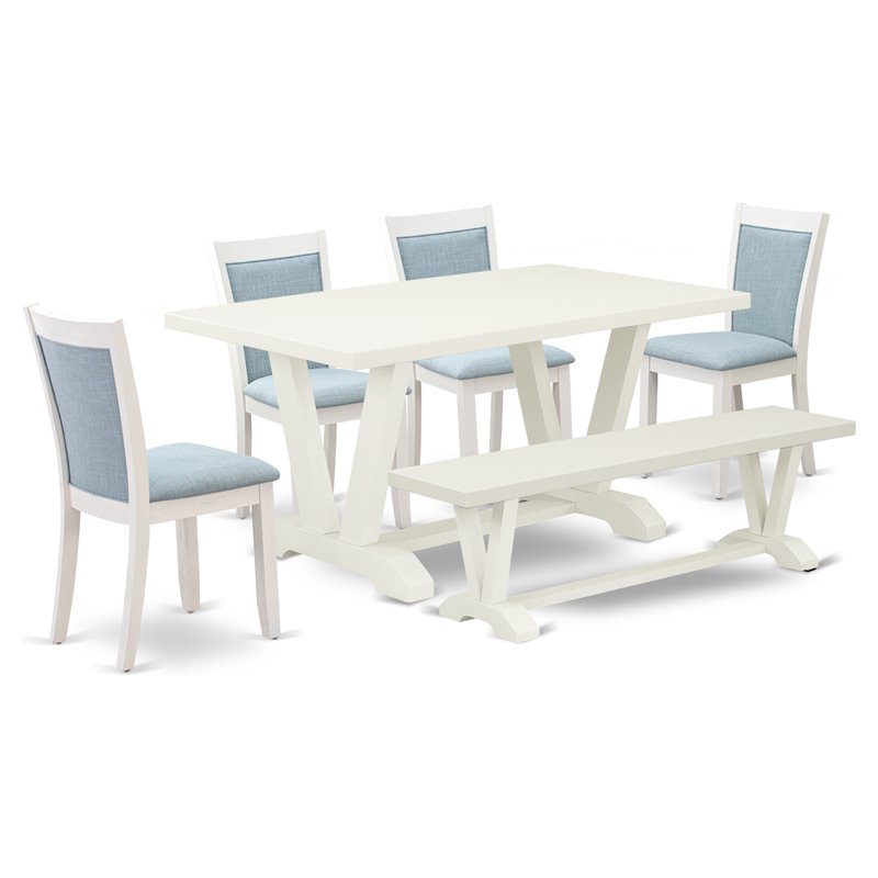 East West Furniture V-Style 6-Piece Asian Wood Dining Set in White/Baby Blue