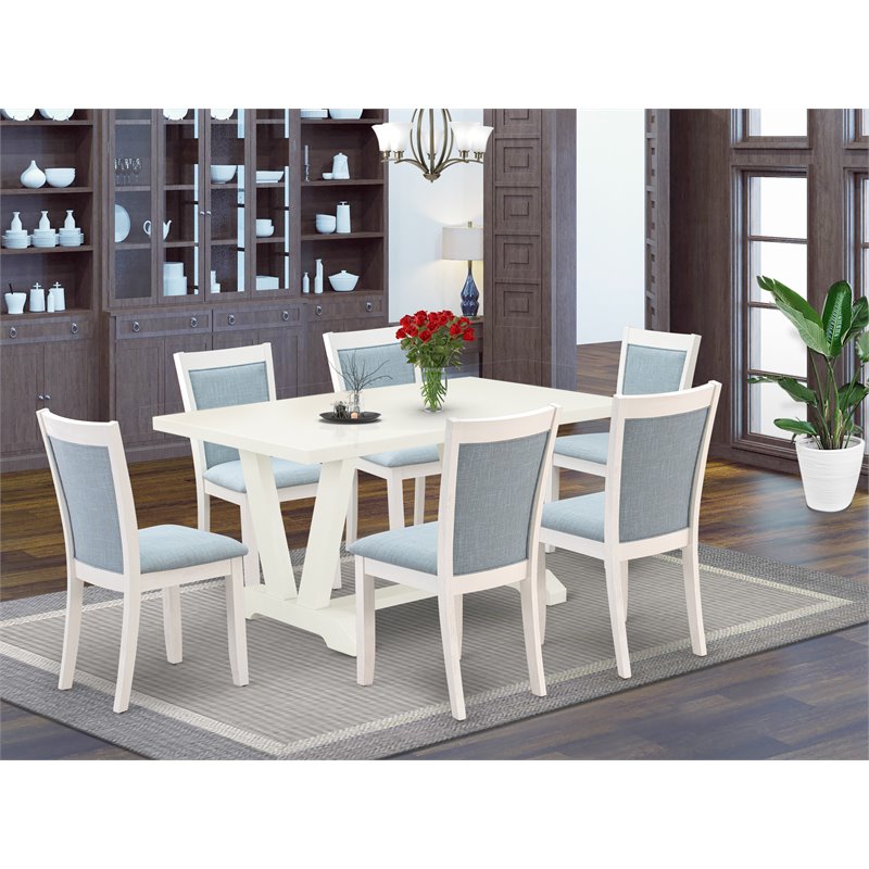 East West Furniture V-Style 7-Piece Asian Wood Dining Set in White/Baby Blue