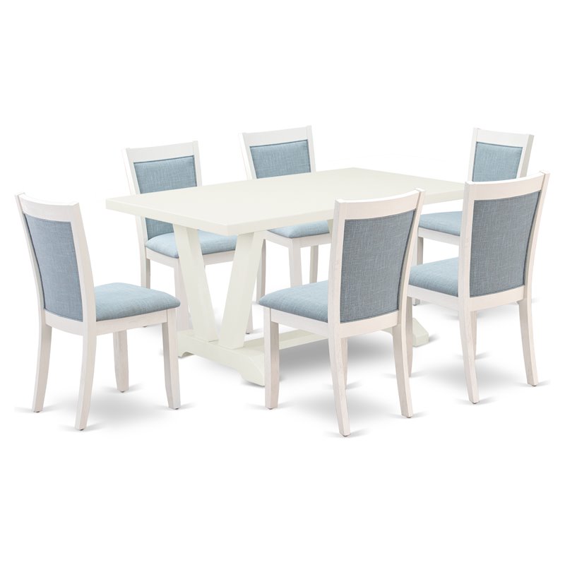 East West Furniture V-Style 7-Piece Asian Wood Dining Set in White/Baby Blue