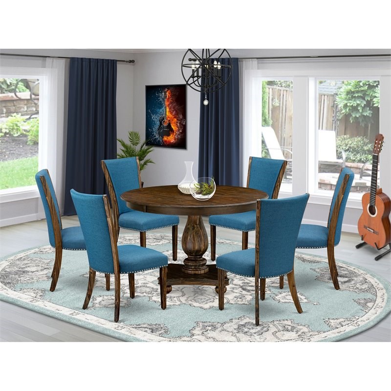 East West Furniture Ferris 7-Piece Wood Dining Set in Distressed Jacobean/Blue
