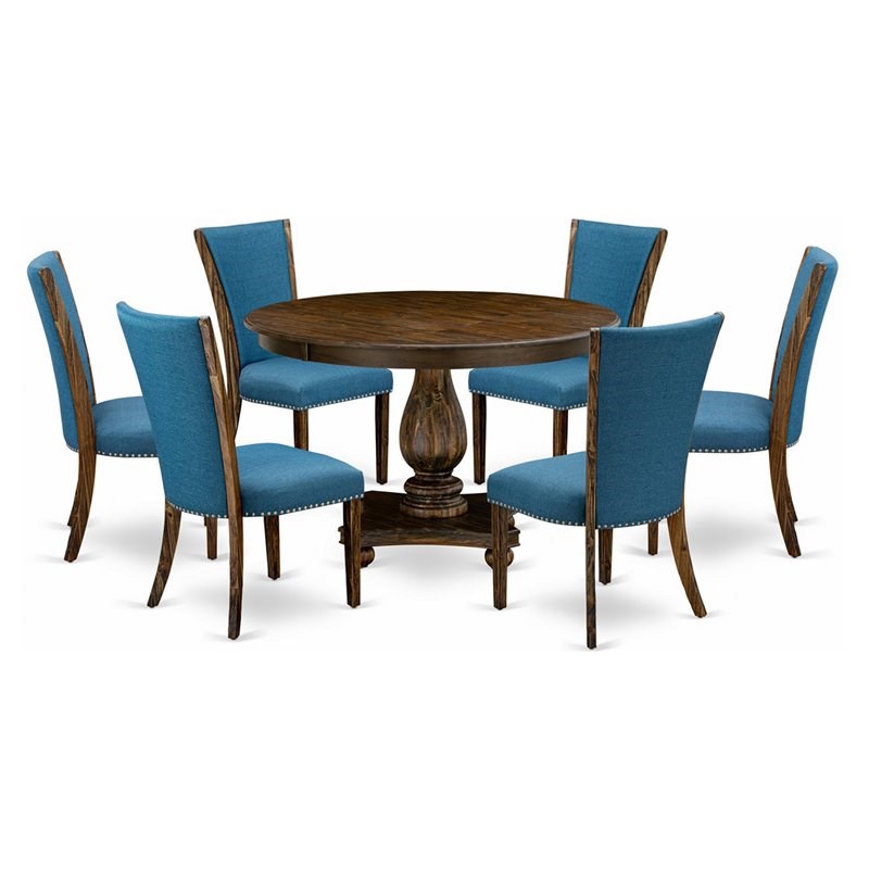 East West Furniture Ferris 7-Piece Wood Dining Set in Distressed Jacobean/Blue
