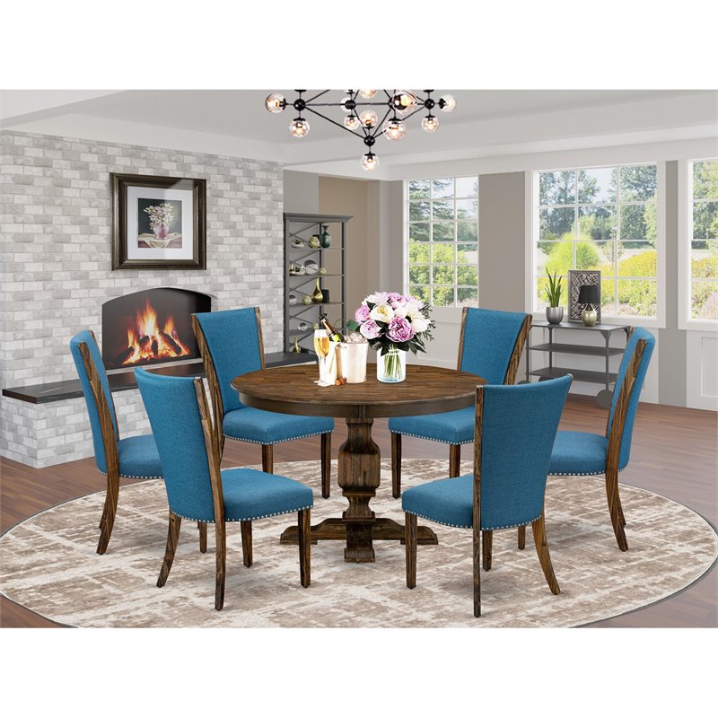 East West Furniture Ferris 7-Piece Wooden Dining Set in Jacobean/Blue