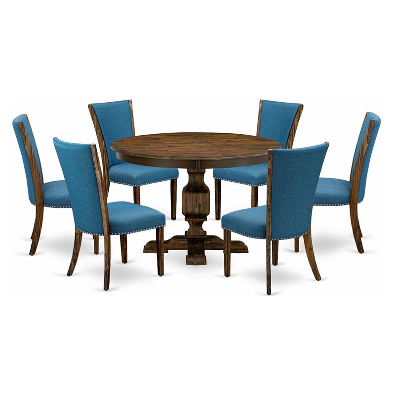 East West Furniture Ferris 7-Piece Wooden Dining Set in Jacobean/Blue