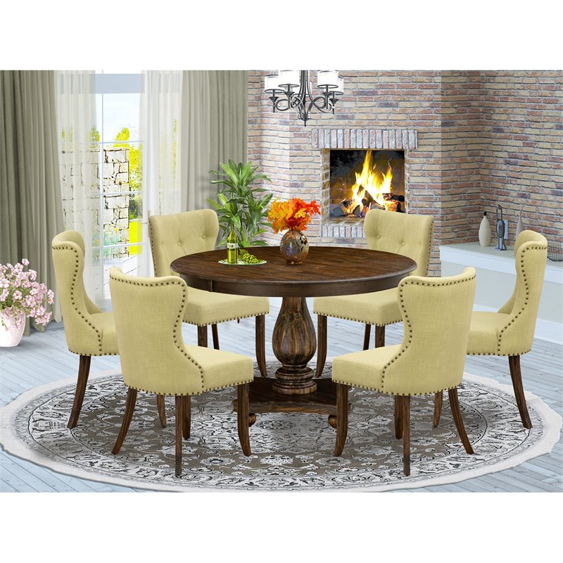 East West Furniture Ferris 7-Piece Wooden Dining Set in Jacobean/Limelight Beige