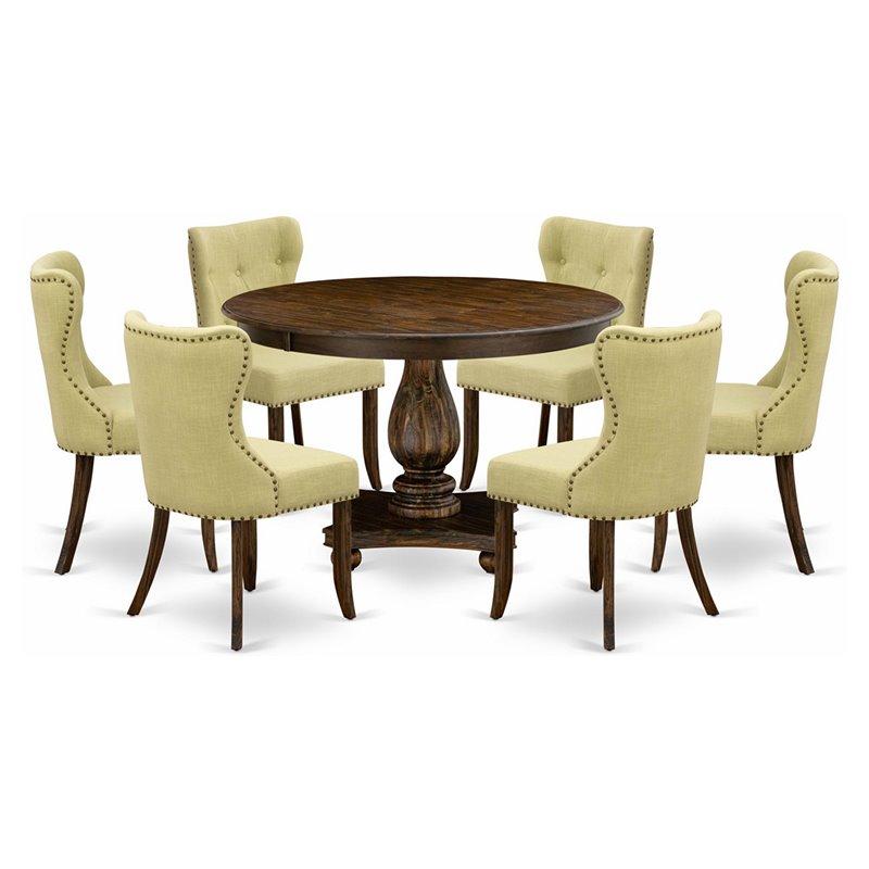East West Furniture Ferris 7-Piece Wooden Dining Set in Jacobean/Limelight Beige