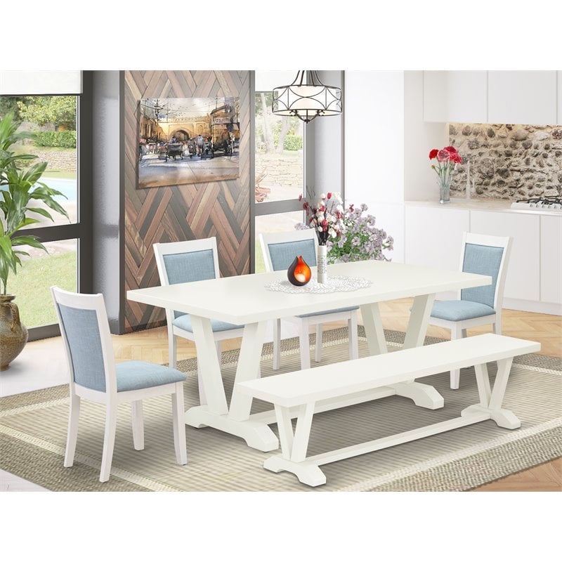 East West Furniture V-Style 6-Piece Asian Wood Dining Set in Baby Blue/White