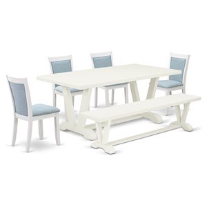 East West Furniture V-Style 6-Piece Asian Wood Dining Set in Baby Blue/White