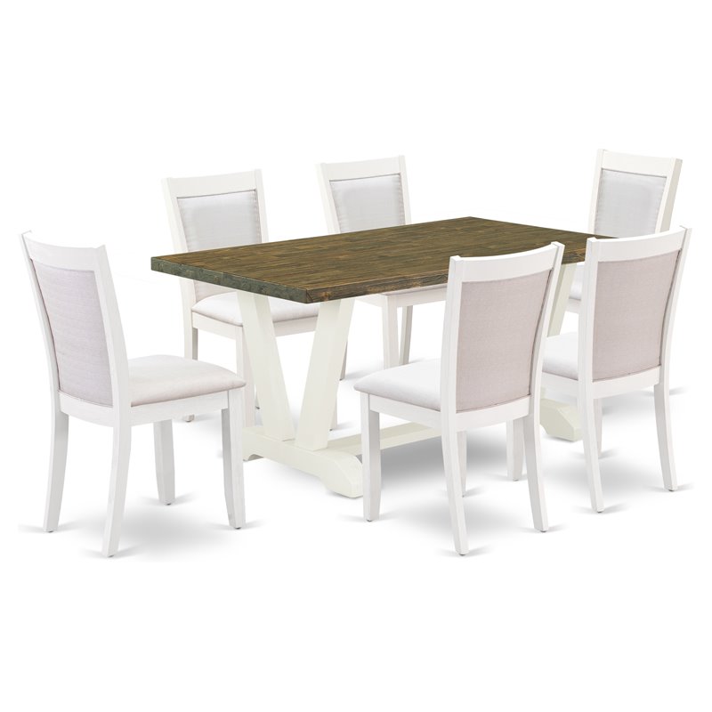 East West Furniture V-Style 7-Piece Wood Dining Set in Jacobean/White/Cream