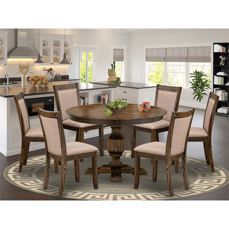 East West Furniture Ferris 7-Piece Wood Dining Set in Jacobean/Dark Khaki Gray