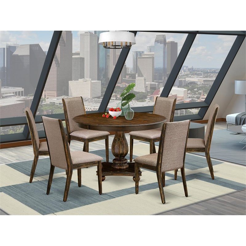 East West Furniture Ferris 7 Pieces Wood Dining Set in Jacobean/Dark Khaki Gray