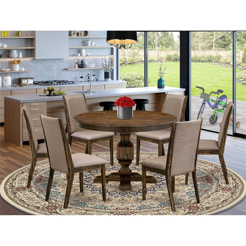 East West Furniture Ferris 7-Piece Wooden Dining Set in Dark Khaki Gray/Jacobean