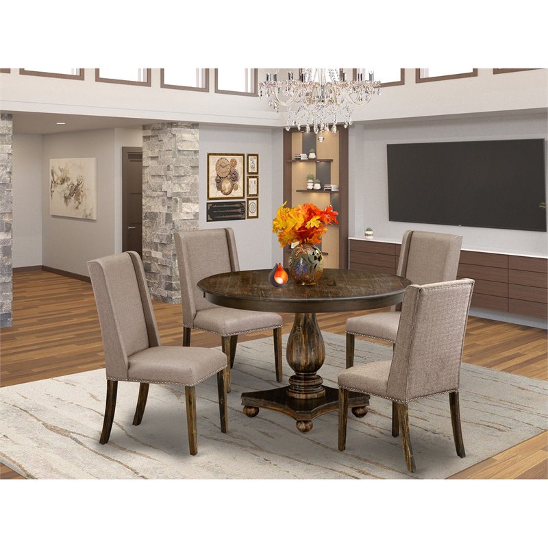 East West Furniture Ferris 5-Piece Wood Dining Set in Jacobean & Dark Khaki Gray