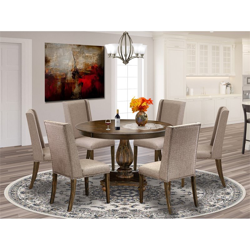 East West Furniture Ferris 7-Piece Wood Dining Set in Jacobean & Dark Khaki Gray
