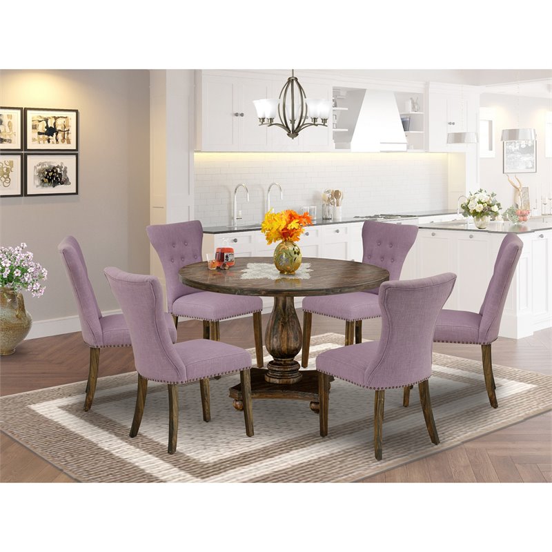 East West Furniture Irving 7-Piece Wood Dining Set in Distressed Jacobean/Purple