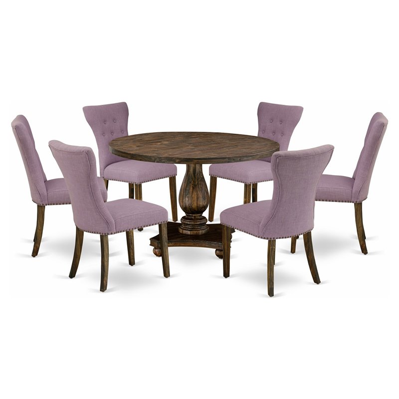 East West Furniture Irving 7-Piece Wood Dining Set in Distressed Jacobean/Purple