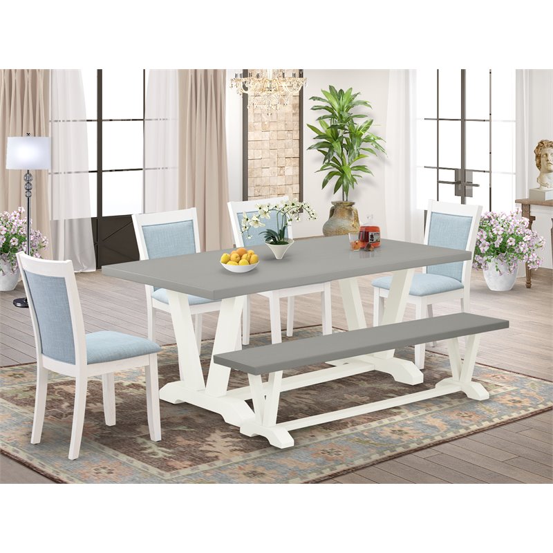 East West Furniture V-Style 6-Piece Wood Dining Set in White/Blue/Cement