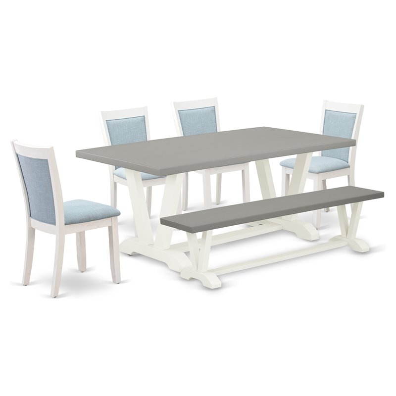 East West Furniture V-Style 6-Piece Wood Dining Set in White/Blue/Cement
