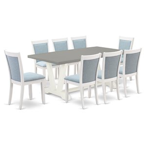 East West Furniture V-Style 9-Piece Wood Dining Set in White/Blue/Cement